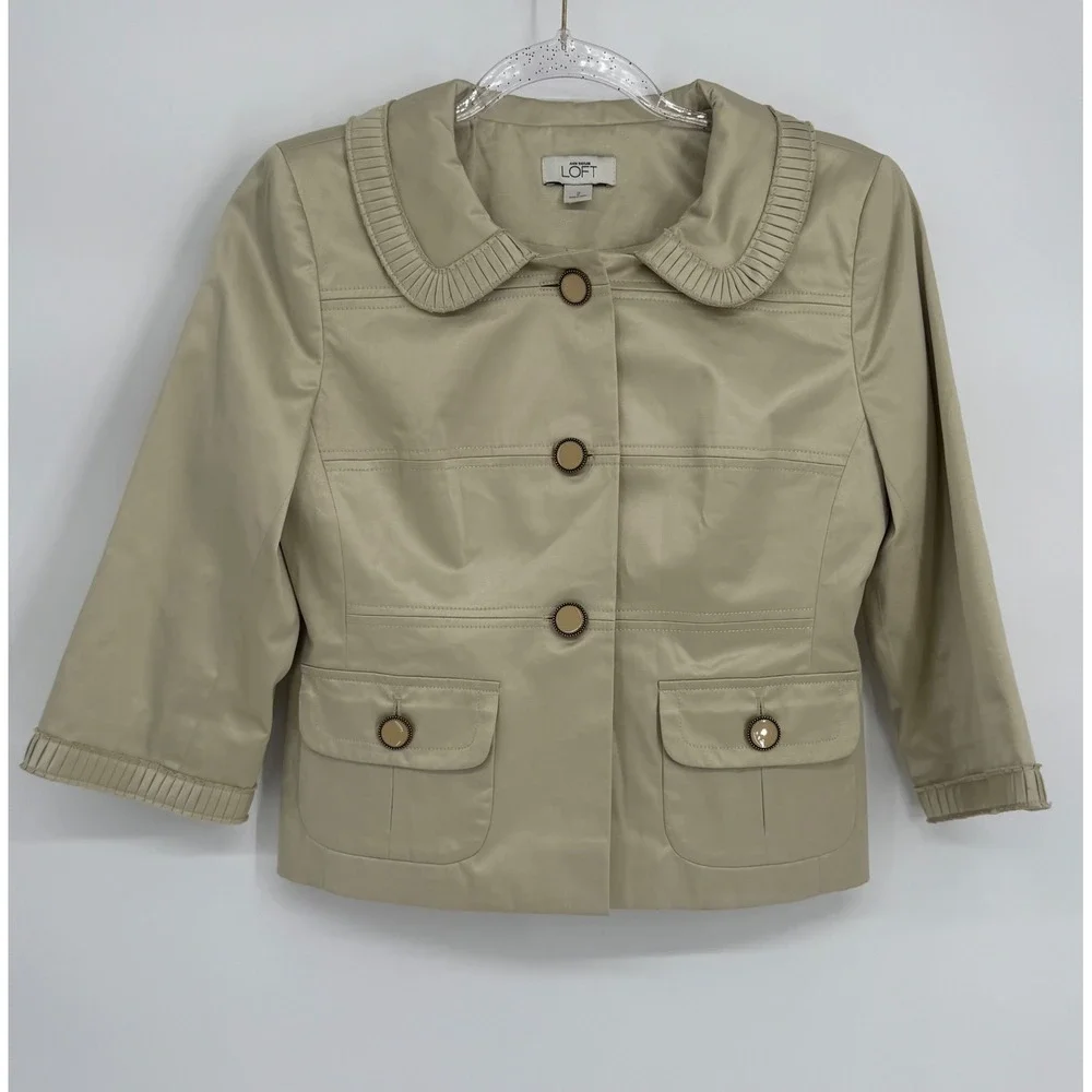 Ann Taylor LOFT Womens Champagne Beige Pleated Cropped Blazer Sz 2